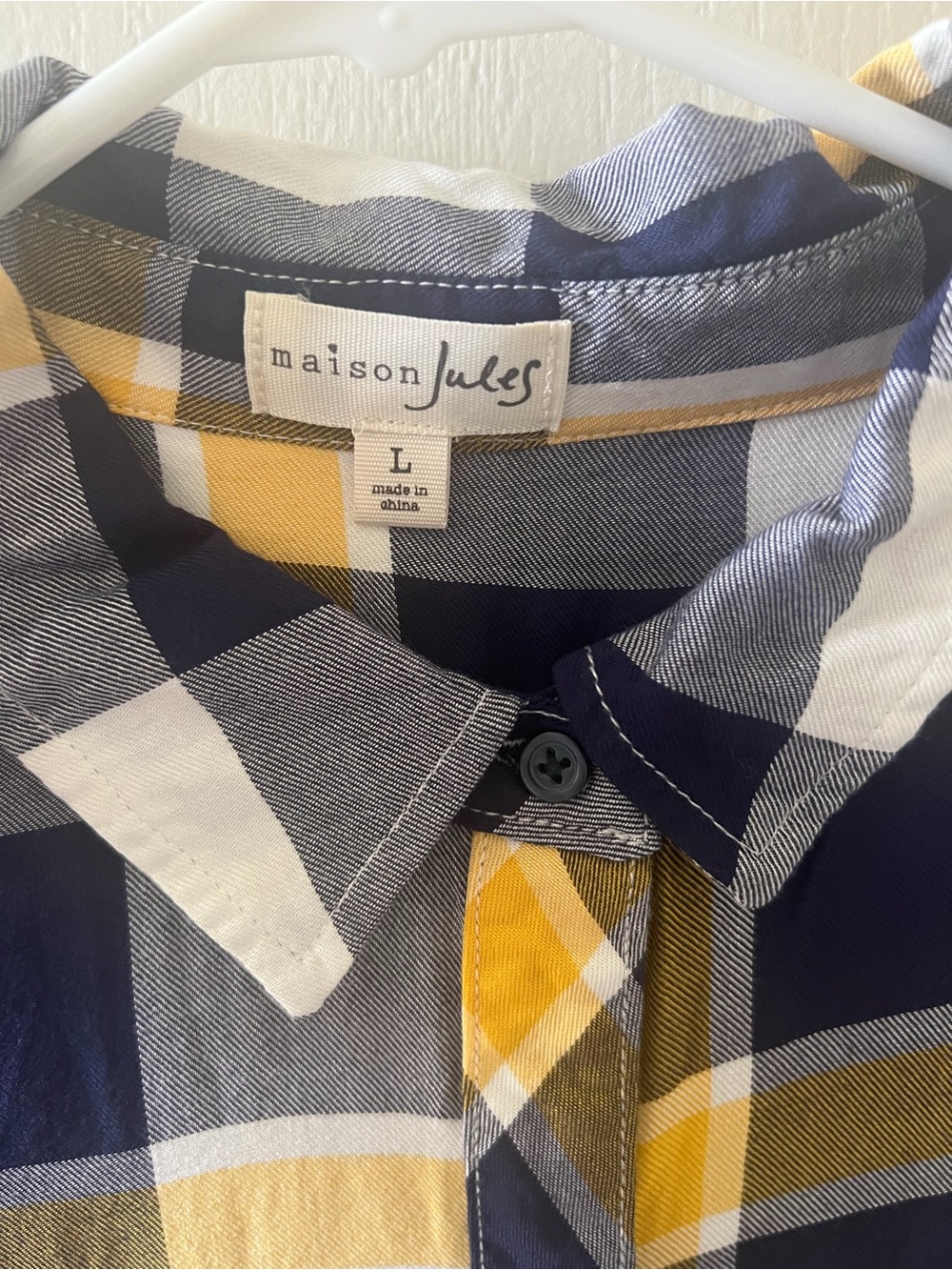 Women’s Large Maison Jules Black, Yellow, & White Plaid Button-Down Shirt - Picture 3 of 9